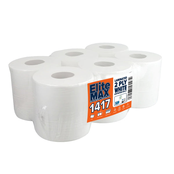 EliteMax 1417 675 Sheets/140M - 2Ply White Centrefeed Rolls 6 x 2