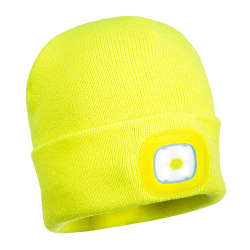 Portwest B029 beanie hat with rechargeable USB light in yellow