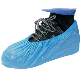 Blue disposable overshoe worn over a boot, 100 pack