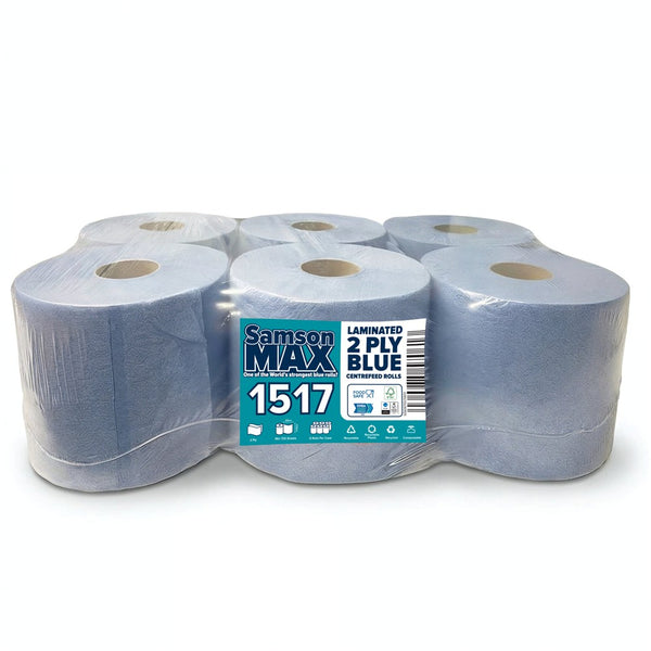 SamsonMax 1517 ﻿725 Sheet/150M - 2 Ply Blue Centrefeed Rolls, 6 x 2